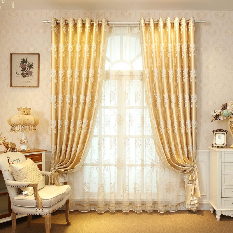 ELKCA Luxury Gold Floral Curtains for Bedroom Jacquard Window Curtains for Living Room,Grommet Top,2 Panels(Floral-Golden,52 by 84 inch Long) - Image 1